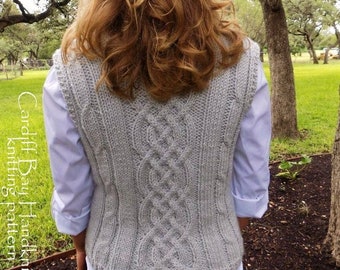 KNITTING PATTERN women’s vest, knitting pattern waistcoat women,cables,aran weight,knit cabled vest pattern,Celtic,women knit waistcoat,gray