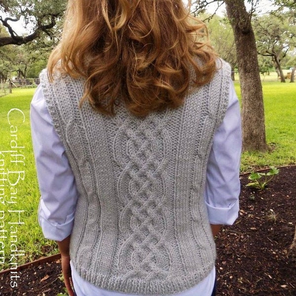 KNITTING PATTERN women’s vest, knitting pattern waistcoat women,cables,aran weight,knit cabled vest pattern,Celtic,women knit waistcoat,gray