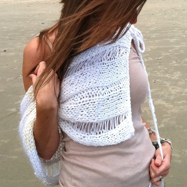 Knitting Pattern,knit capelet,knit shoulder wrap,women,teens,beach,cover up,poncho,openwork, drop stitch,shoulder ties,white,knit