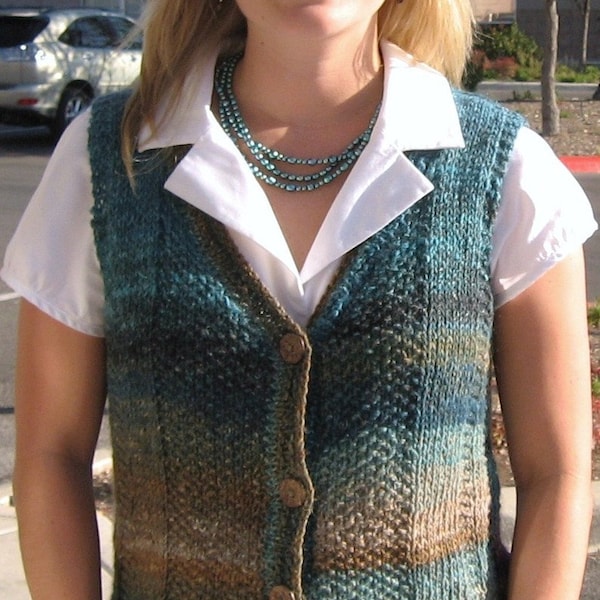 Modèle de gilet à tricoter femmes, Noro Silk Garden, laine, modèle de gilet à tricoter pour femme, bleu, bleu canard, gilet de pull, facile à tricoter, automne, cadeau pour elle, ajusté