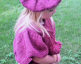 KNITTING PATTERN girls poncho, knitting pattern girls beret,toddler,gift set,pink,chunky knit,easy to knit,tweed,pom poms,fuschia,hat,tam