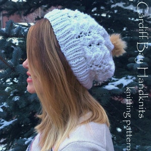 Knitting pattern knit lace slouch hat, knit slouchy beanie, chunky knit beanie,ivory,white,openwork knit lace,women, teen girls,wool,pompom