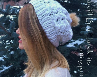 Knitting pattern knit lace slouch hat, knit slouchy beanie, chunky knit beanie,ivory,white,openwork knit lace,women, teen girls,wool,pompom