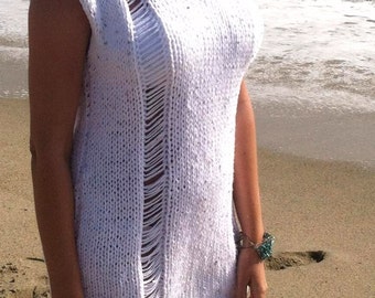 KNITTING PATTERN,knit tunic,swimsuit cover up,beach cover up,dress,white,crochet edge,fringe,openwork,easy to knit,v neck,women,teens