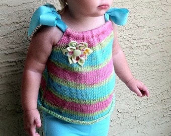 Knitting Pattern girls knit tank,batik print,sleeveless knit top,girls,baby,toddler,a-line tank, beginner knit,stripes,cotton,shoulder ties,
