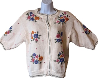 Pull cardigan brodé floral vintage, coton ramie cottagecore L rétro