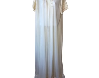 VTG Années 50 Ivoire Sheer Peignoir Robe Nylon Mousseline de Soie Dentelle Satin Manches Maxi Long L
