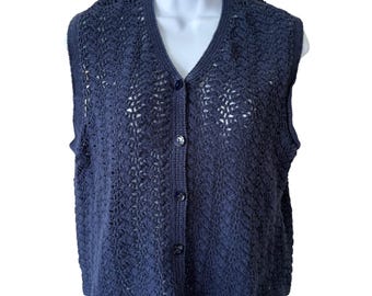 Northern Isles Hand Knit Sweater Vest Blue Crochet Button Front Boho L Cotagecor