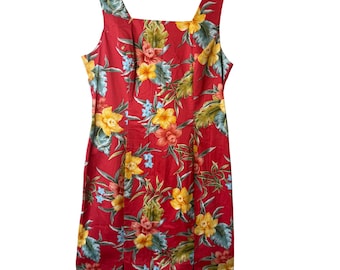 VTG Caribbean Joe Red Tropical Floral Sheath Dress Large Hibiscus Luau Summer