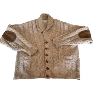 Vintage Lord Jeffs heren wollen vest maat M, beige, kabelgebreid, sjaalkraag, elleboogstukken