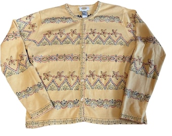 VTG  Talbots Medium Yellow Embroidered Cardigan Hong Kong Cottagecore Spring