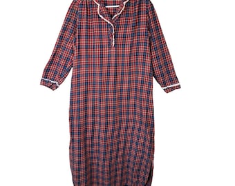 VTG  Sears Red Ruffle Plaid Nightgown Sleep Shirt Button Up Collar M Hong Kong