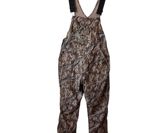Vintage Mossy Oak Camo Bib Overalls Mens Large Made in USA Hunting Fishing Bark