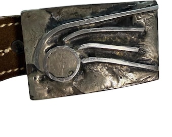 VTG  Brutalist Studio Art (2) Belt Buckles with Full Grain Leather Strap Size 34
