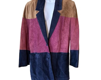 VTG Colorblock Suede Leather Blazer Jacket Women M Burgundy Tan Navy 80's Artsy