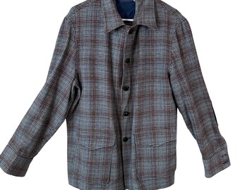 VTG Pendleton Women L Pure Virgin Wool Plaid Jacket Elbow Patches Blue Brown