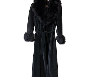 VTG Raincheetahs Black Velvet Faux Fur Long Opera Coat Belted Sz 12 Penny Lane