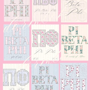 Könnte beinhalten: Neun quadratische Drucke mit griechischen Buchstaben und Phrasen, darunter "Pi Phi" und "Pi Beta Phi". Die Buchstaben sind mit floralen Mustern in Rosa, Blau und Grün verziert. Die Hintergründe sind Pastellfarben mit dezenten Mustern.