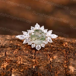 Round Moss Agate Ring Sterling Silver Branch Design Engagement Ring Unique Nature Inspired Jewelry Gift For Her Woodland Boho Style