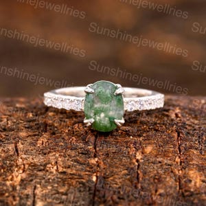 Moss Agate engagement ring vintage Oval Silver Ring unique Cluster Halo diamond moissanite wedding ring Promise Bridal ring Anniversary