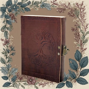 May include: A dark brown leather journal featuring a tree of life design embossed on the front cover. The journal has a metal clasp closure. The journal is a perfect gift for writers and artists.