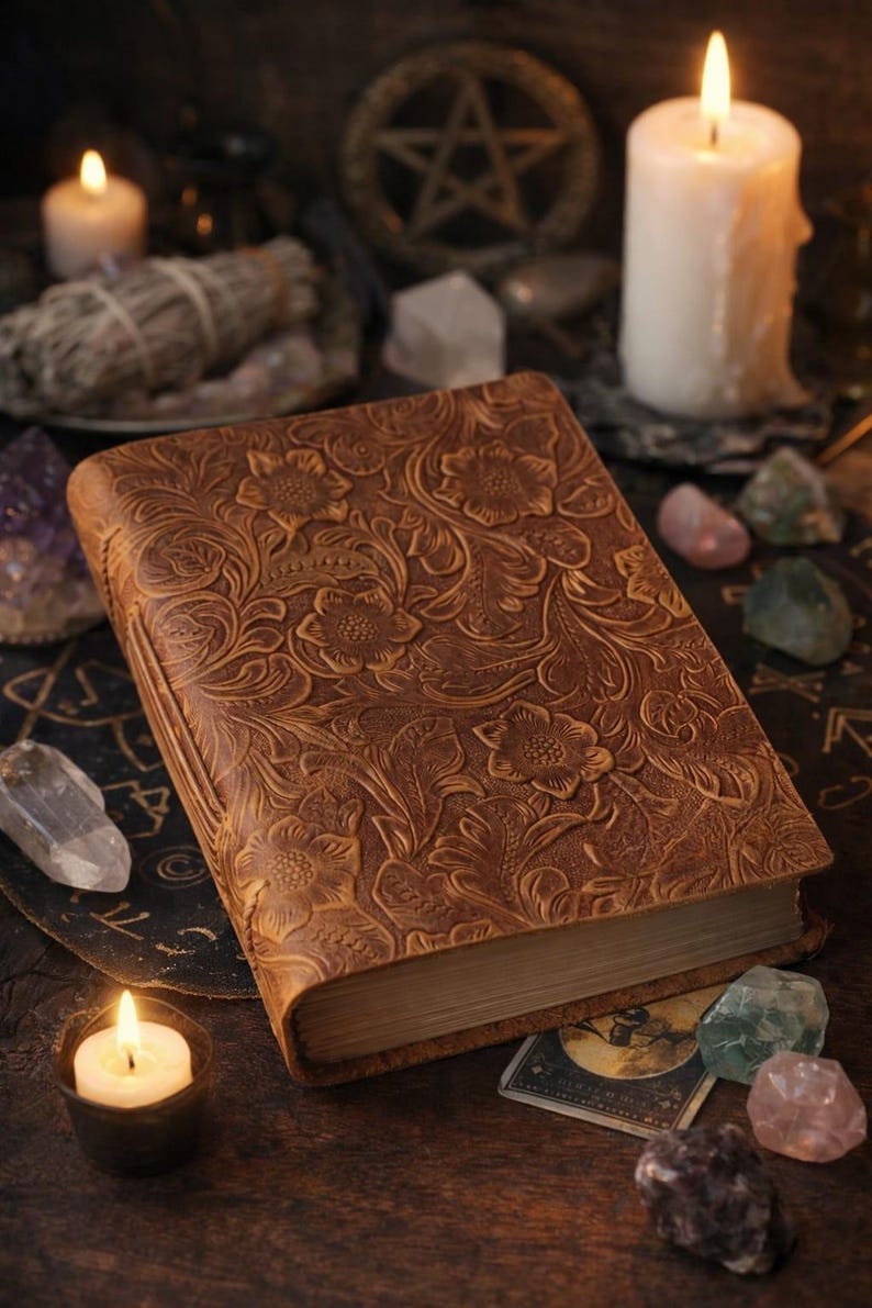 Leather Grimoire – 400 Pages • Hand-Sewn Binding • Embossed Cover image 1