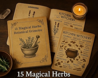 May include: An open book titled "15 Magical Herbs Botanical Grimoire" with a mortar and pestle illustration, alongside other open books and a lit candle. The text "Kitchen Witchery" is visible on the pages, with other text and illustrations.