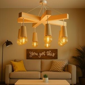 Art Deco Chandelier: Handmade Wood & Concrete 6-Light Pendant