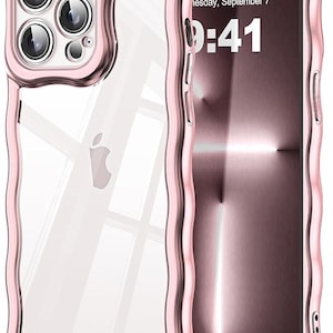 May include: A clear phone case with a wavy, rose-gold colored frame. The case is designed to fit a smartphone, with cutouts for the camera and buttons. The phone screen displays the date and time: Wednesday, September 7, 9:41.