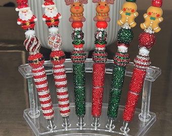 Christmas Beaded Pens: Rhinestone Holiday Pens | Silicon Character Toppers