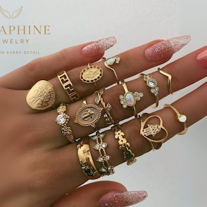 Vintage Boho Gold Ring Set | 15pcs Adjustable Rings with Symbols & Crystals | Retro Mystic Jewelry