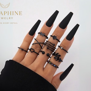 Black Gothic Ring Set | Adjustable Stacking Rings | Alternative Jewelry