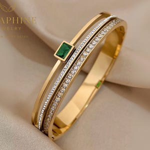 Gold Bangle Bracelet: Emerald-Cut Green Stone & CZ Diamond Cuff