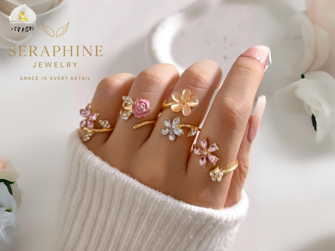 Floral Gold Adjustable Ring Set:crystal Flower Jewelry - Etsy