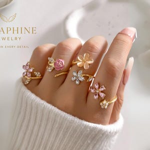 Floral Gold Adjustable Ring Set:Crystal Flower Jewelry