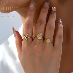 Gold Sea Life Ring Set: Starfish, Seashell, Spiral -Adjustable Beach Jewelry