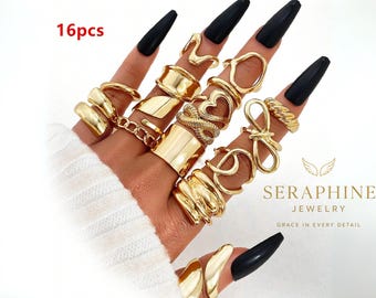 16pcs Chunky Gold Ring Set | Adjustable Statement Rings | Fashion Jewelry