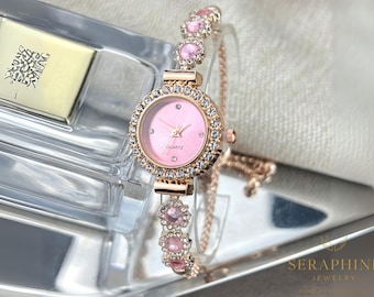 Reloj de cuarzo con cristal rosa: pulsera de diamantes de imitación de oro rosa, regalo de joyería