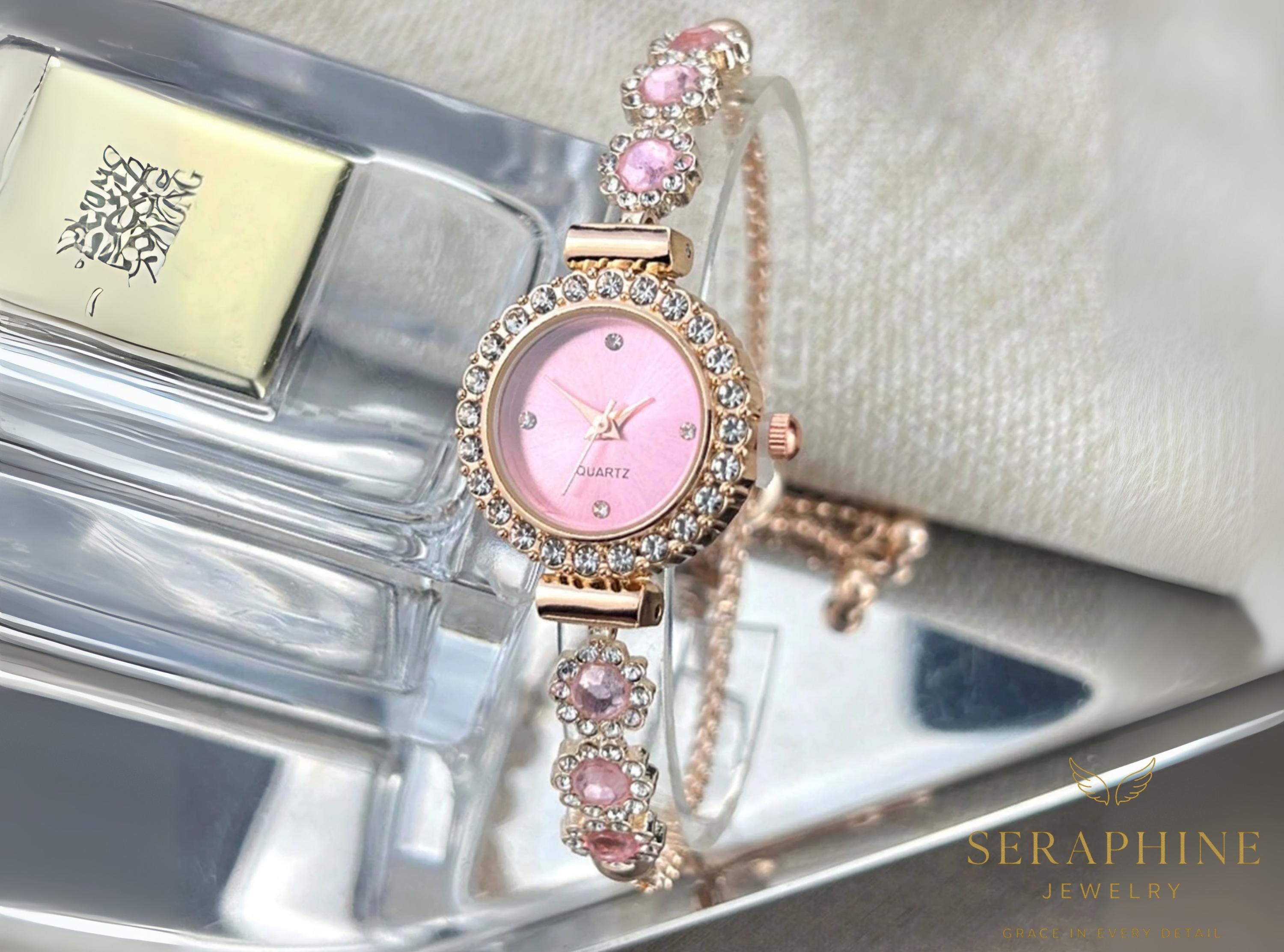 Elegant Pink Watch with Crystal Bezel 108409_baby-pink_2_1800x1800.  main image 3
