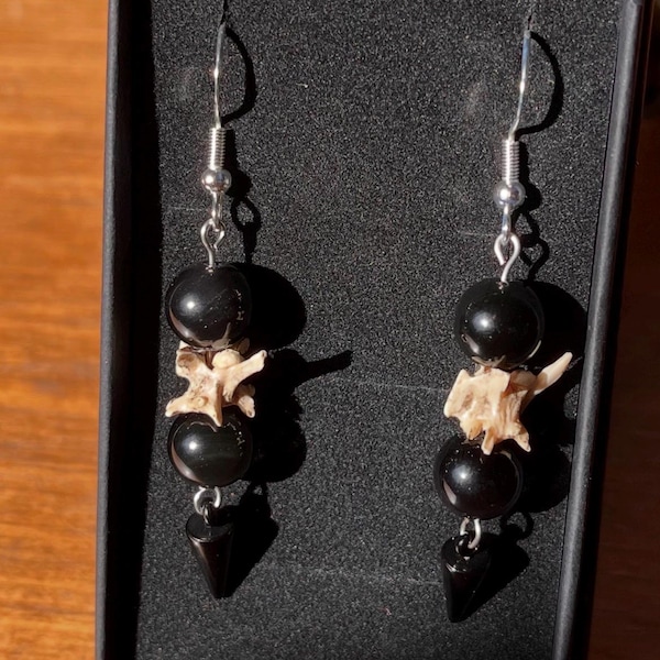 Rainbow Black Obsidian & Snake Vertebrae Earrings – 925 Sterling Silver