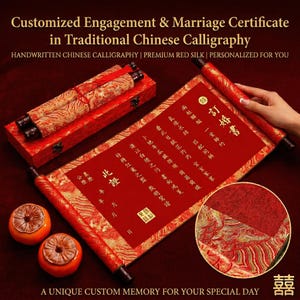 May include: A red and gold Chinese calligraphy marriage certificate with the text "Customized Engagement & Marriage Certificate in Traditional Chinese Calligraphy". The certificate is rolled up and stored in a red box. Two orange ceramic fruits are in the foreground.