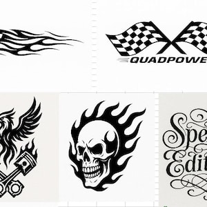 May include: A selection of black and white racing-themed designs. Features a chequered flag with flames, crossed chequered flags with "QUADPOWER", an eagle with pistons, a flaming skull, and "Spezial Edition" text.