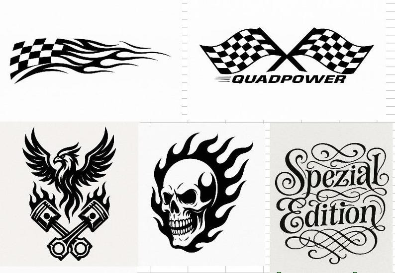 May include: A selection of black and white racing-themed designs. Features a chequered flag with flames, crossed chequered flags with "QUADPOWER", an eagle with pistons, a flaming skull, and "Spezial Edition" text.