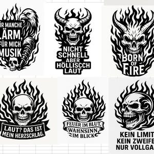 May include: A collection of black and white graphic designs. The designs feature skulls and flames, with text in German. Phrases include "Born of Fire" and "Kein Limit. Kein Zweifel. Nur Vollgas." Other designs include an eagle.