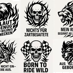 May include: Six black and white graphic designs featuring a bear, wolf, dinosaur, and skull. Each design includes German text, such as "Laut genug um die Wildnis zu wecken" and "Nichts f&uuml;r Zartbesaitete."