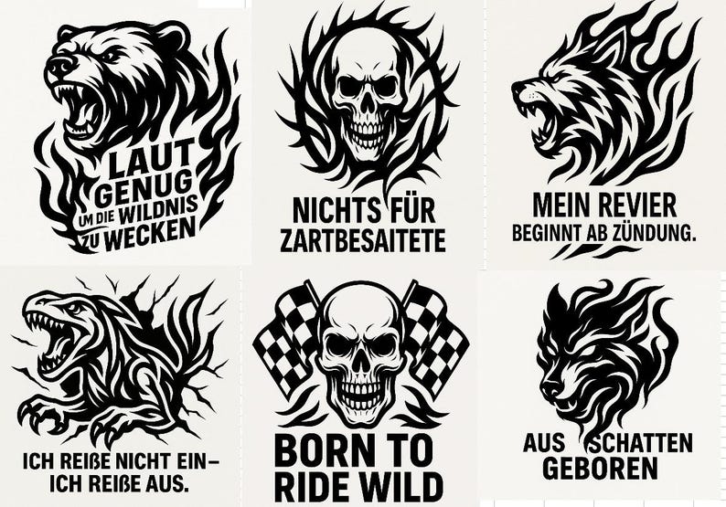 May include: Six black and white graphic designs featuring a bear, wolf, dinosaur, and skull. Each design includes German text, such as "Laut genug um die Wildnis zu wecken" and "Nichts f&uuml;r Zartbesaitete."