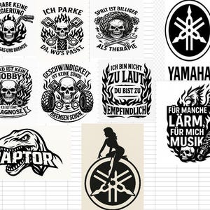 May include: A selection of black and white graphic designs featuring skulls, flames, and motorcycle-related imagery. Includes text in German and English, with phrases like "Raptor" and "Yamaha" logos. Suitable for motorcycle enthusiasts.