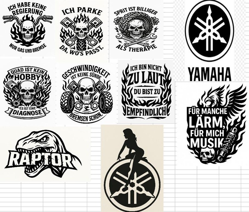 May include: A selection of black and white graphic designs featuring skulls, flames, and motorcycle-related imagery. Includes text in German and English, with phrases like "Raptor" and "Yamaha" logos. Suitable for motorcycle enthusiasts.
