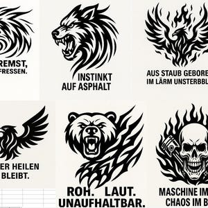May include: A series of black and white graphic designs featuring a variety of aggressive animals and a skull with flames. Each design includes German text. The images include an eagle, wolf, phoenix, bear, and skull.