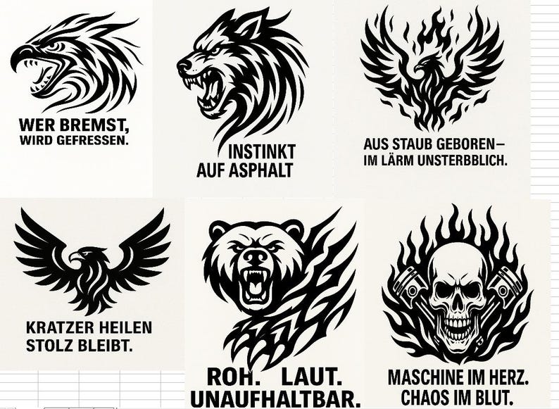May include: A series of black and white graphic designs featuring a variety of aggressive animals and a skull with flames. Each design includes German text. The images include an eagle, wolf, phoenix, bear, and skull.